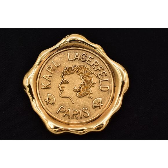 Karl Lagerfeld Jewelry - Karl Lagerfeld Vintage Logo Seal Brooch Pin Paris Medallion Gold Signed Bin5B